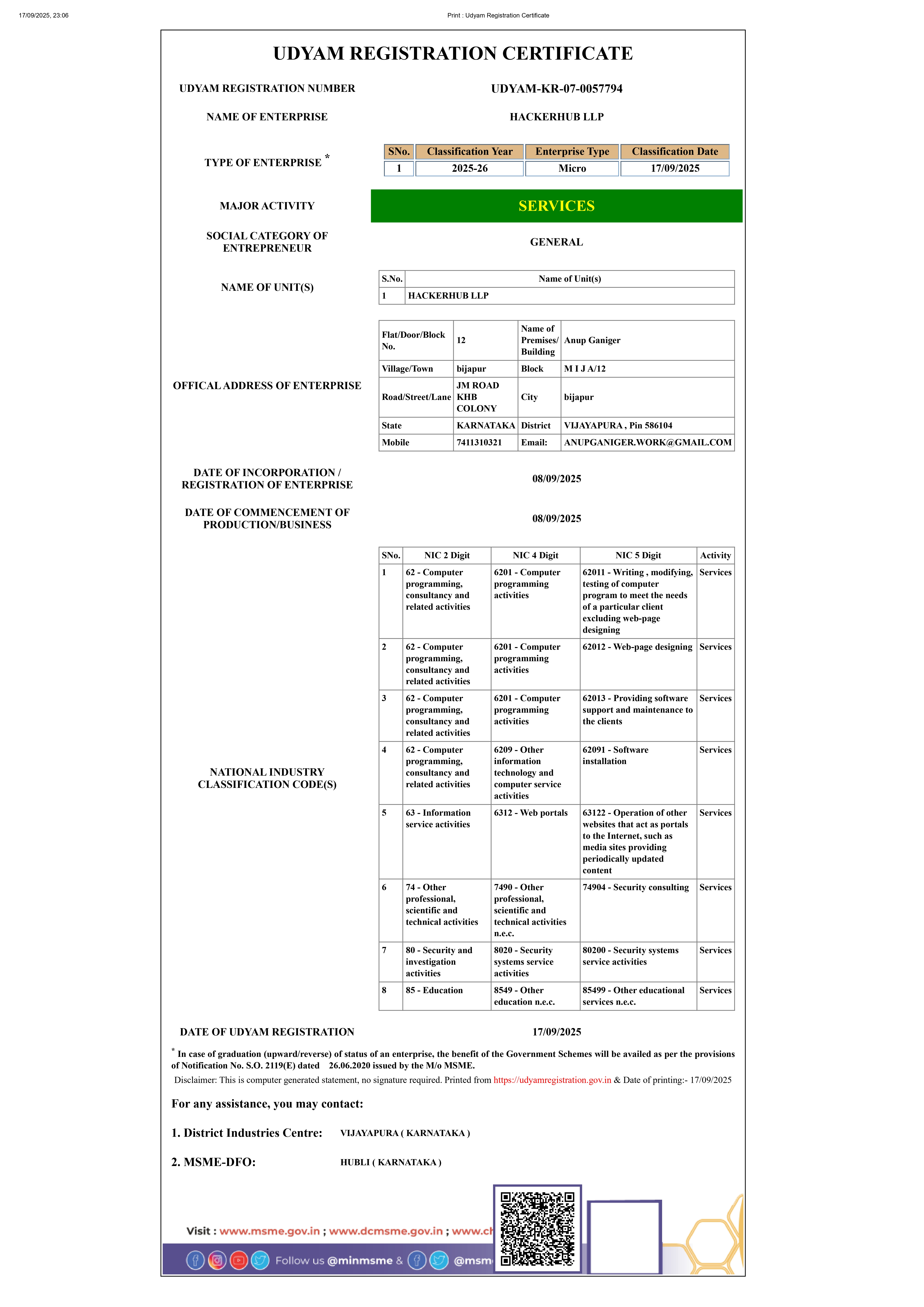 Government of Karnataka – UDYAM registration Certificate