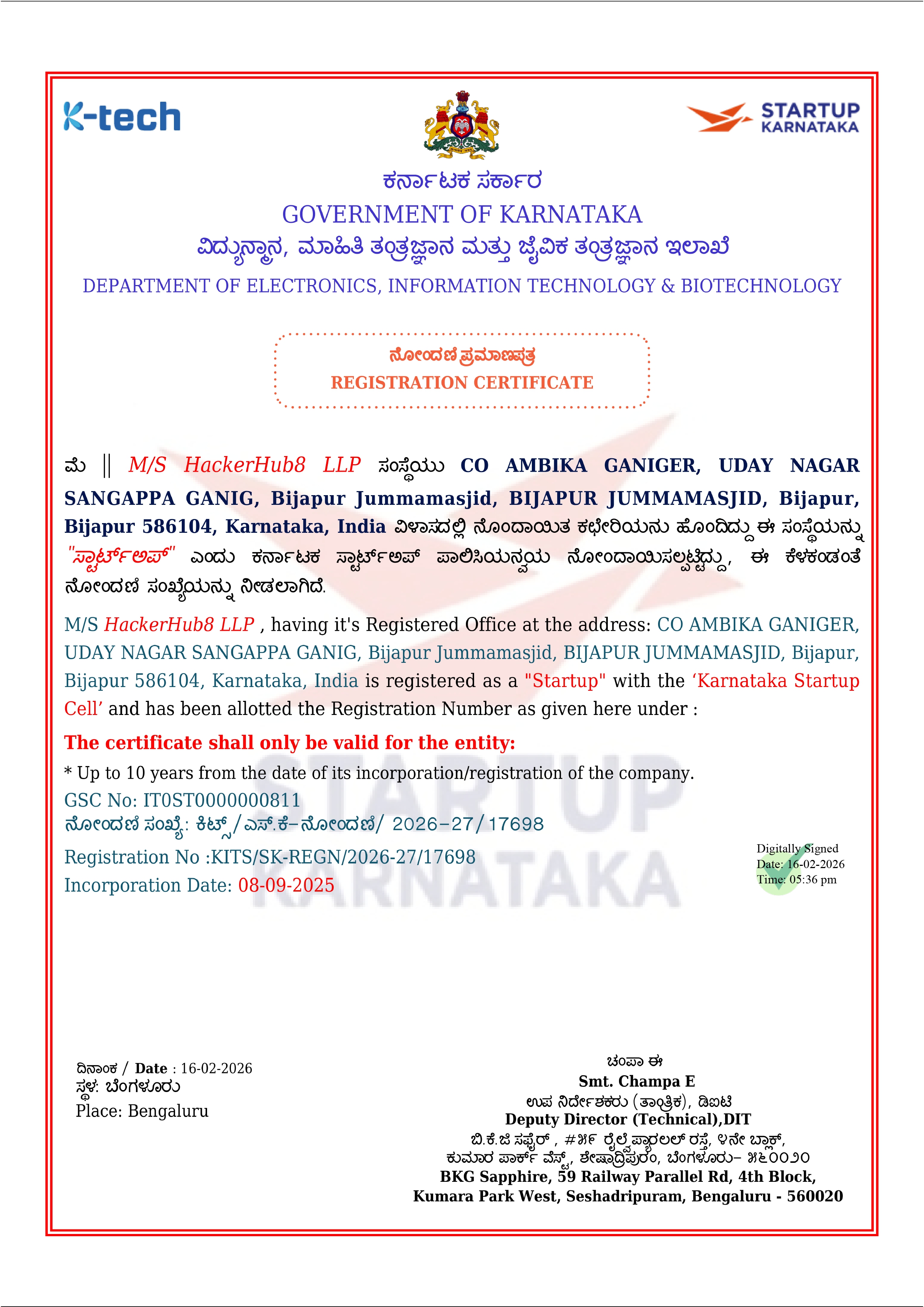 Karnataka Startup Registration Certificate - HackerHub8 LLP