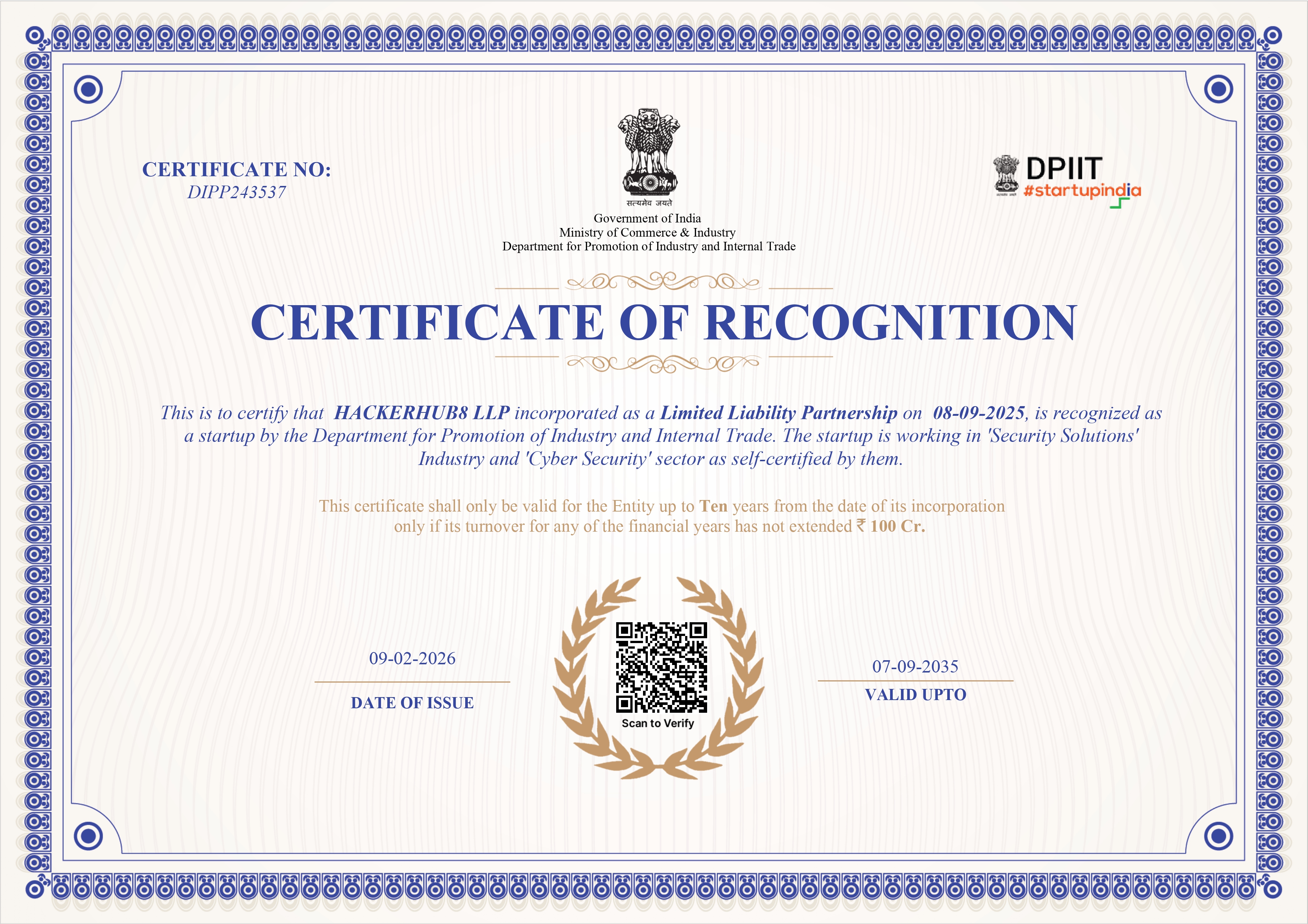 Startup India DPIIT Recognition Certificate - HackerHub8 LLP