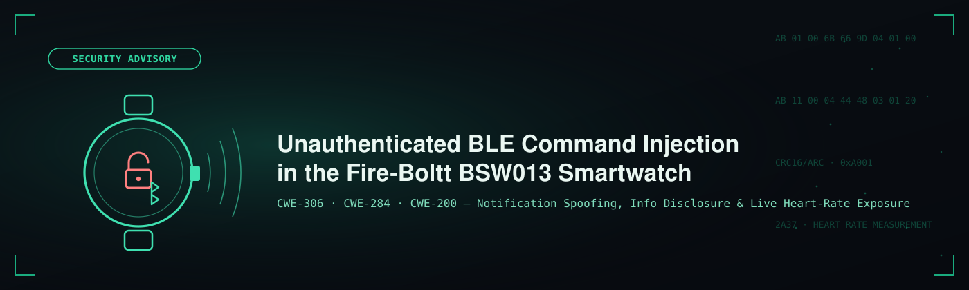 Unauthenticated BLE Command Injection in the Fire-Boltt BSW013 Smartwatch — banner